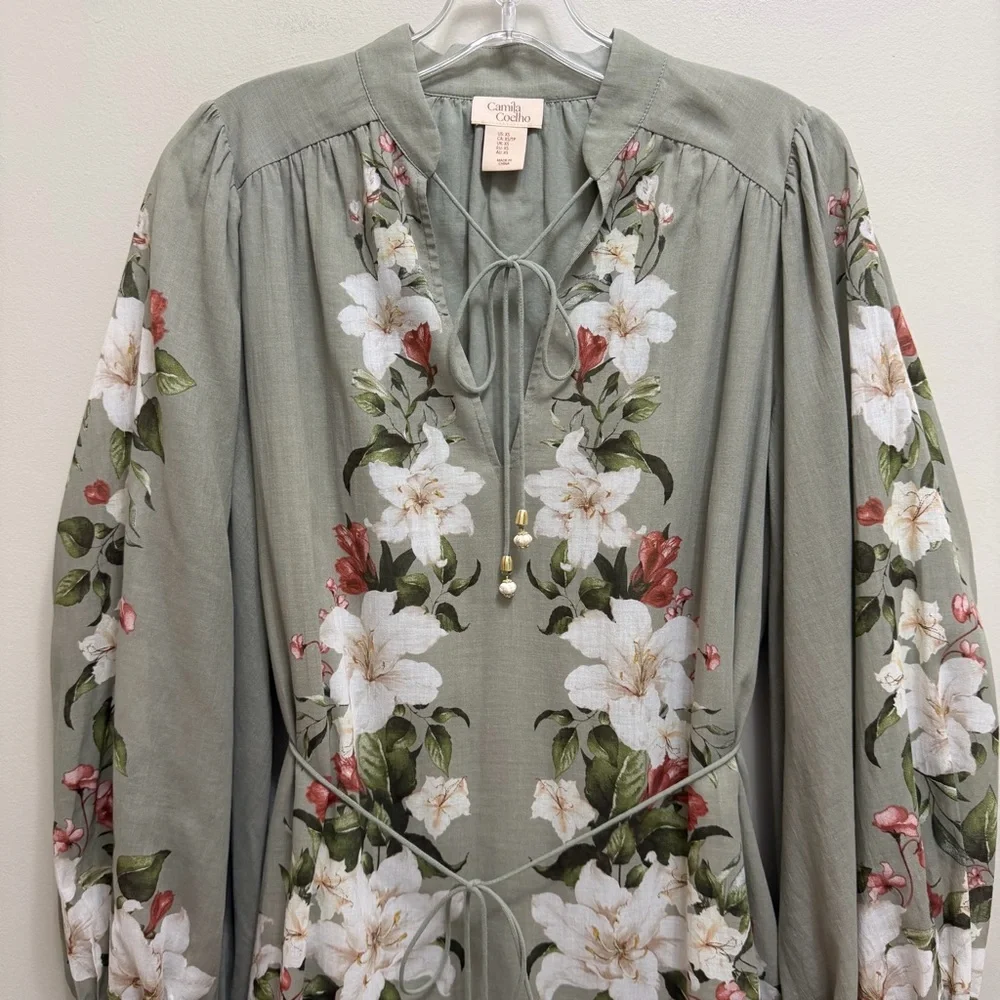 Camila Coelho Floral Mini Dress Blouson Sleeve Waist Tie Size Sage Green Size XS - Picture 4 of 11